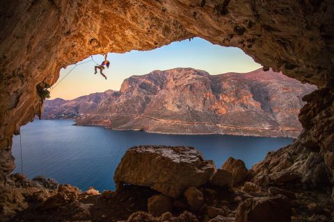 Rock climbing on the caves of Kalymnos, Dodecanese.