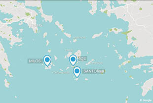 Islands connections to Santorini on map