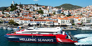 The Flying Cat 4 in the port of Poros