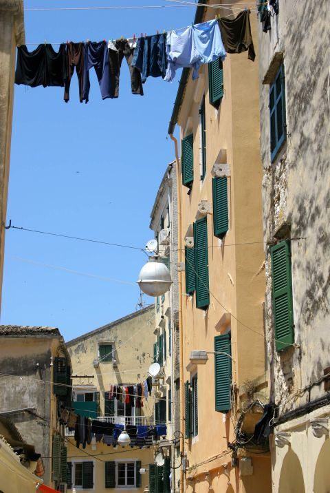 Clothes hanging above the street in Corfu Town