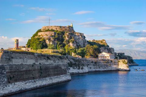 View of the church of Saint George and the Old Fortress. Corfu, Ionian.