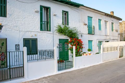 Whitewashed houses with colorful doors and shutters.