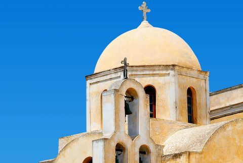 The belfry of a local church in Santorini