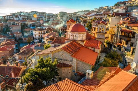 Stone built buildings with ceramic roof tiles, Arachova