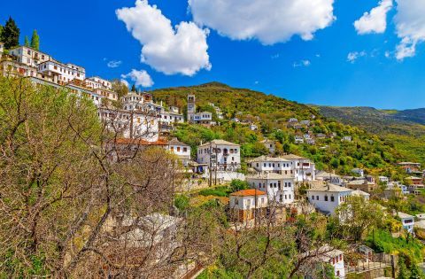 Whitewashed mansions, surrounded by dense vegetation. Makrinitsa village, Pelion.